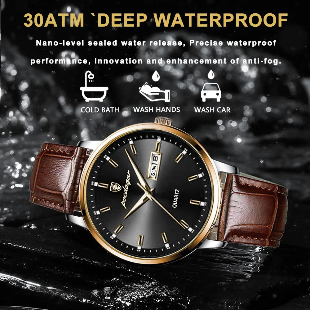 POEDAGAR Men Watch Business Quartz Watches Fashion Leather Waterproof Luminous Week Date Top Brand Luxury Men\'s Wristwatch Gift