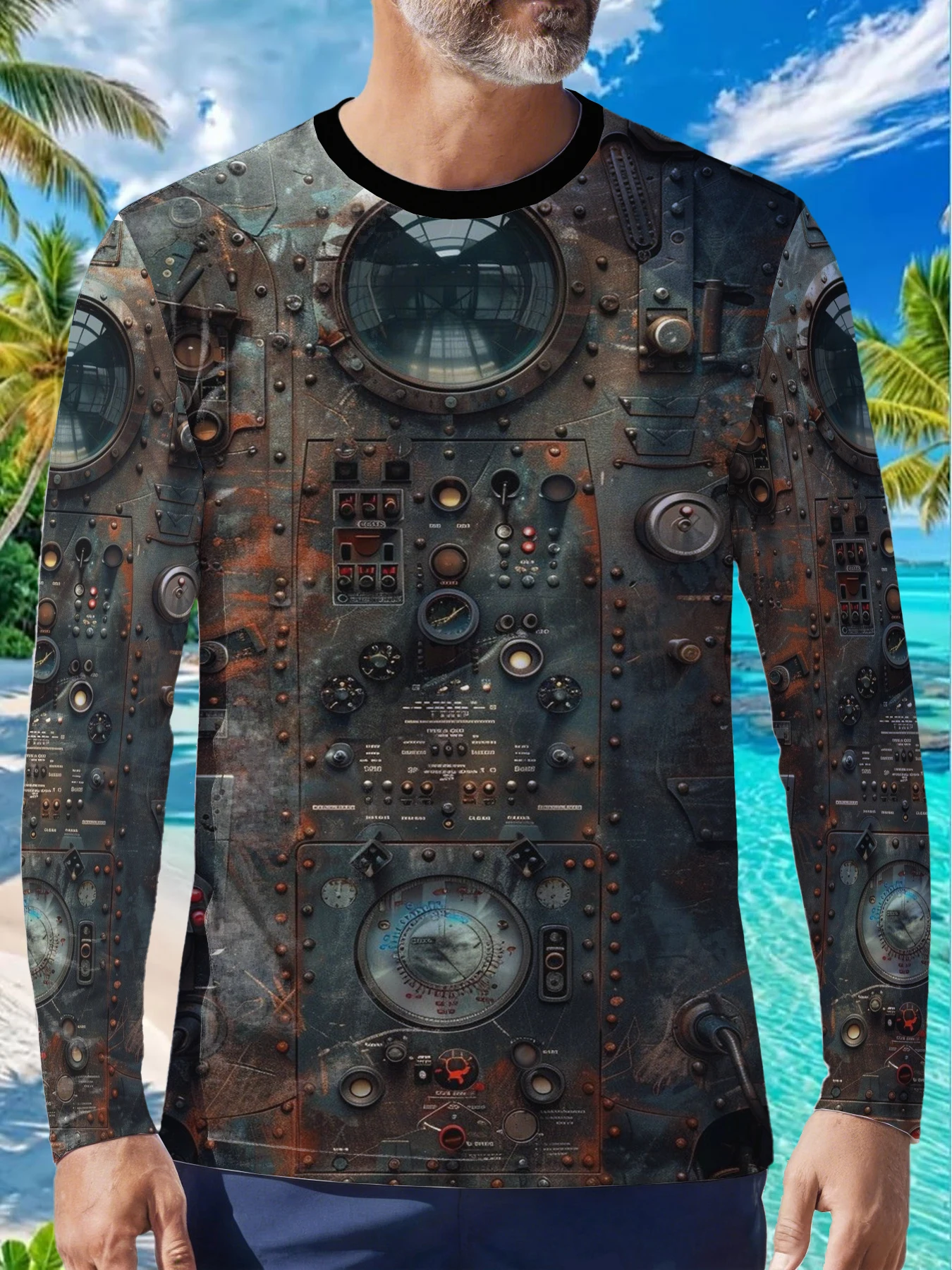 Vintage Industrial Control Panel Retro Mechanical Mens Polyester Long Sleeve T Shirt Steampunk Rusty Metal Gauge Print Graphic T