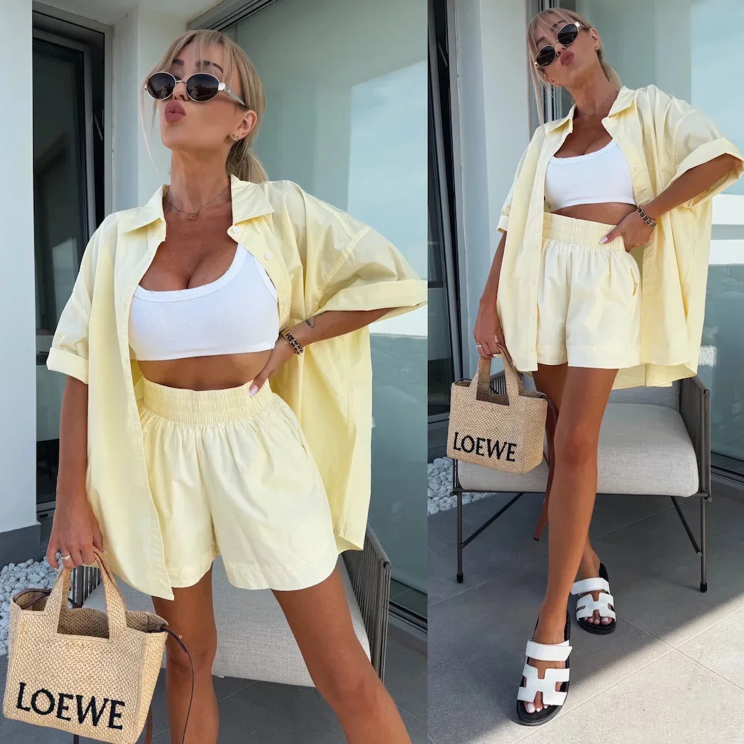 Women's Summer 2-Piece Set Versatile Half Sleeve Beach Vacation Shirt And Casual Loose Sports Shorts Fashionable And Comfortable