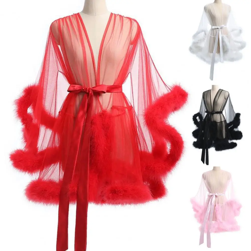 Sexy Bride Wedding Robe Dress Sleepwear Elegant Feather Long Nightgown Nightwear Luxury Ice Silk Home Dress Loungewear Sleepwear
