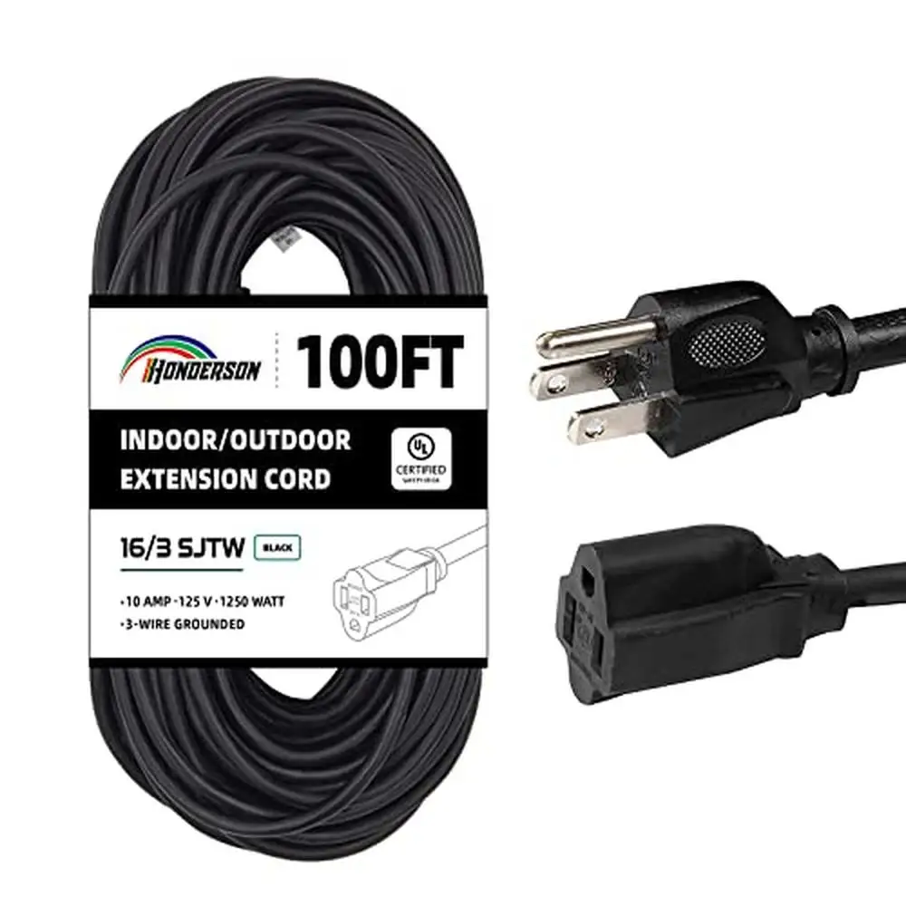 Heavy Duty 100ft Outdoor Extension Cord 16/3 SJTW Black Cable with 3 Prong Grounded Plug UL Listed Generator Christmas Lights