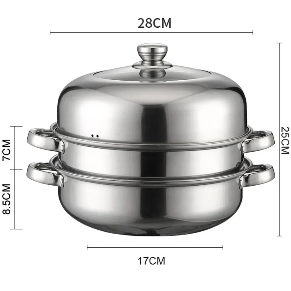 2/3 Tier Stainless Steel Steamer Pot with Stackable Pan Insert Multi Layer Food Steamer Cooker Steaming Pot Cookware with Handle