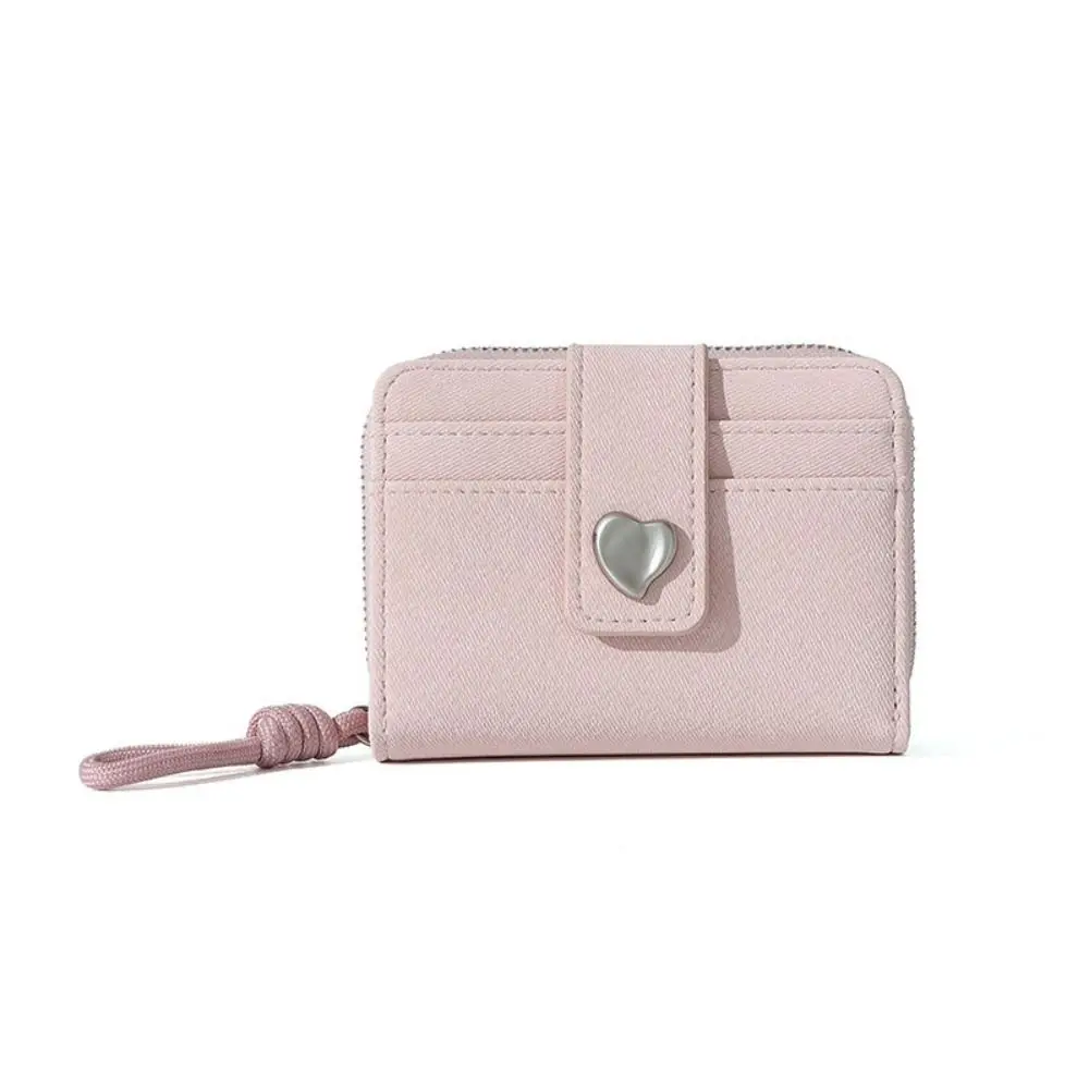 PU Leather Short Wallet Multiple Card Slots Multi-Functional Coin Purse Folding Design Heart Buckle Card Holder Daily Carry