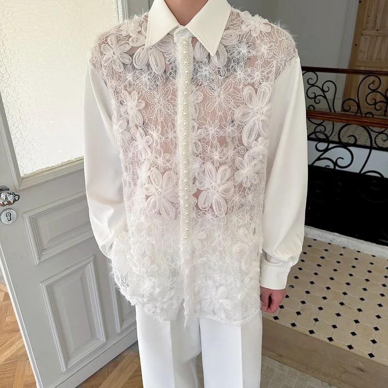 

Spring Summer Hollow out Floral Splicing Pearl Faionable Design Men's Long Sve irt See tough ular Internet irt