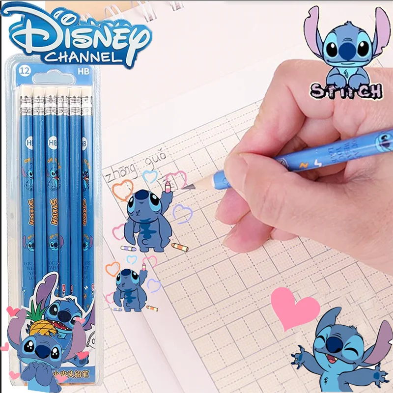 

12Pcs Disney Stitch Pencils Round Rod Kawaii Students Cartoon Girls Boys School Pen Office School Supplies Educational Pencils