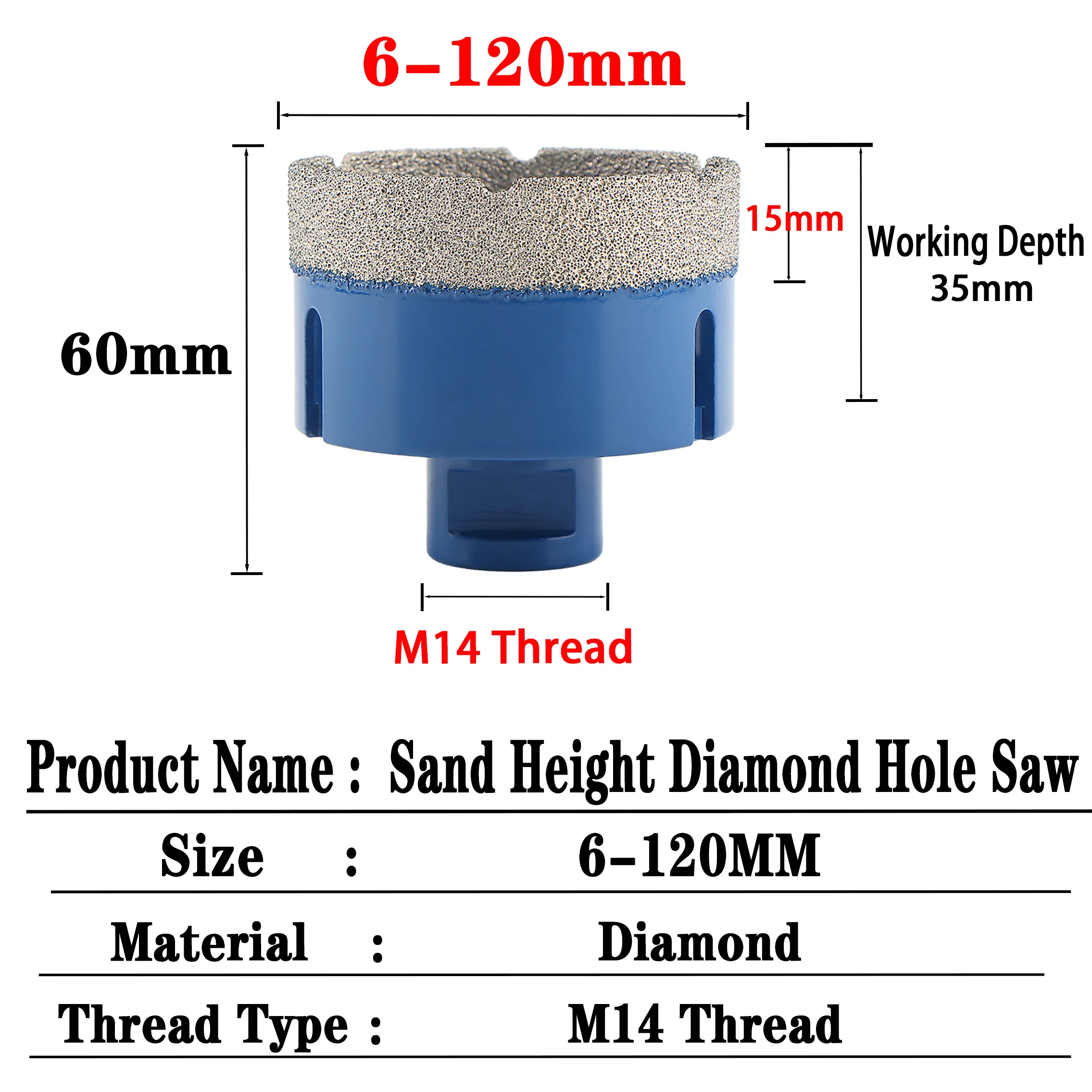 M14 Thread Vacuum Brazed Dry Diamond Drilling Core Bit 6-120mm For Ceramic Tile Granite Marble Porcelain Brick Stone Hole Opener