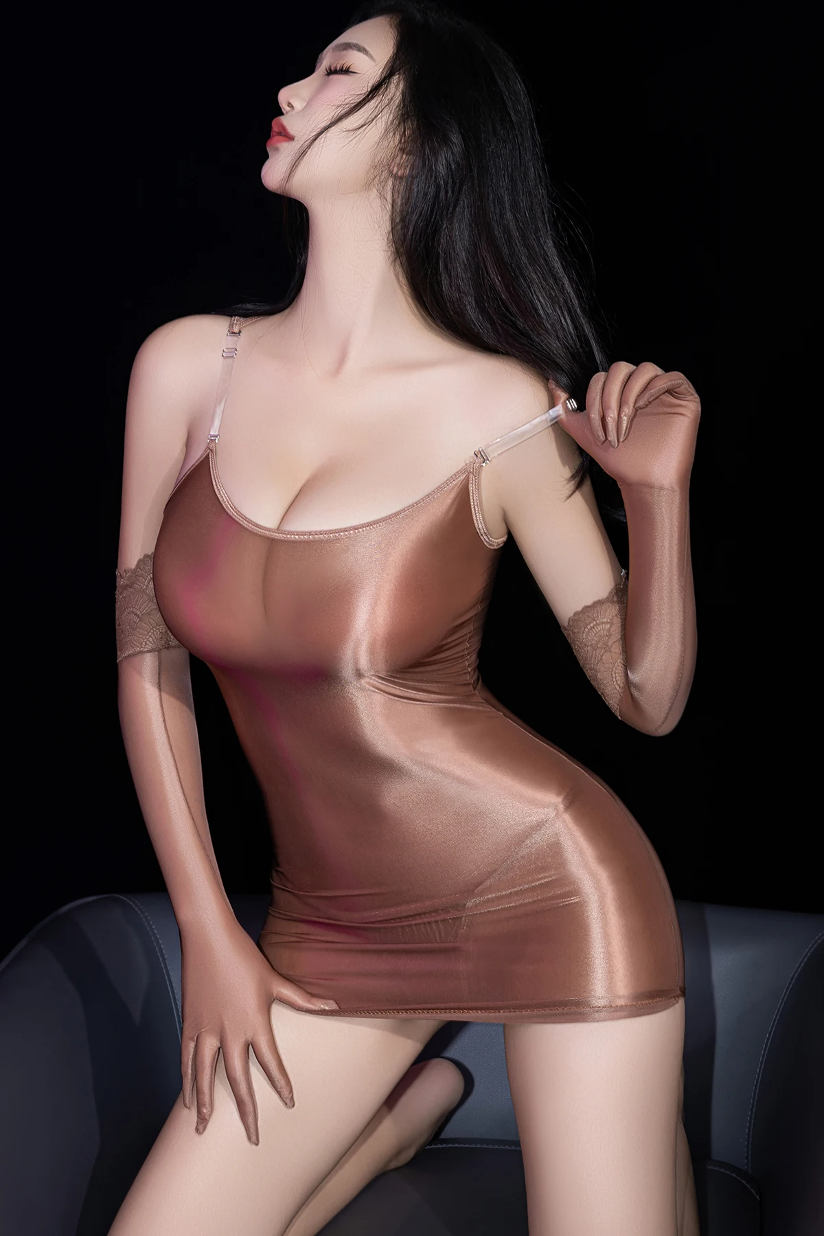 Sexy Frauen Bandage Micro Mini Kleid Elastische, Figurbetontes Kleid Streifen Öl Glänzend Glänzend Sheer Durchsichtig Cosplay Maid Kleid