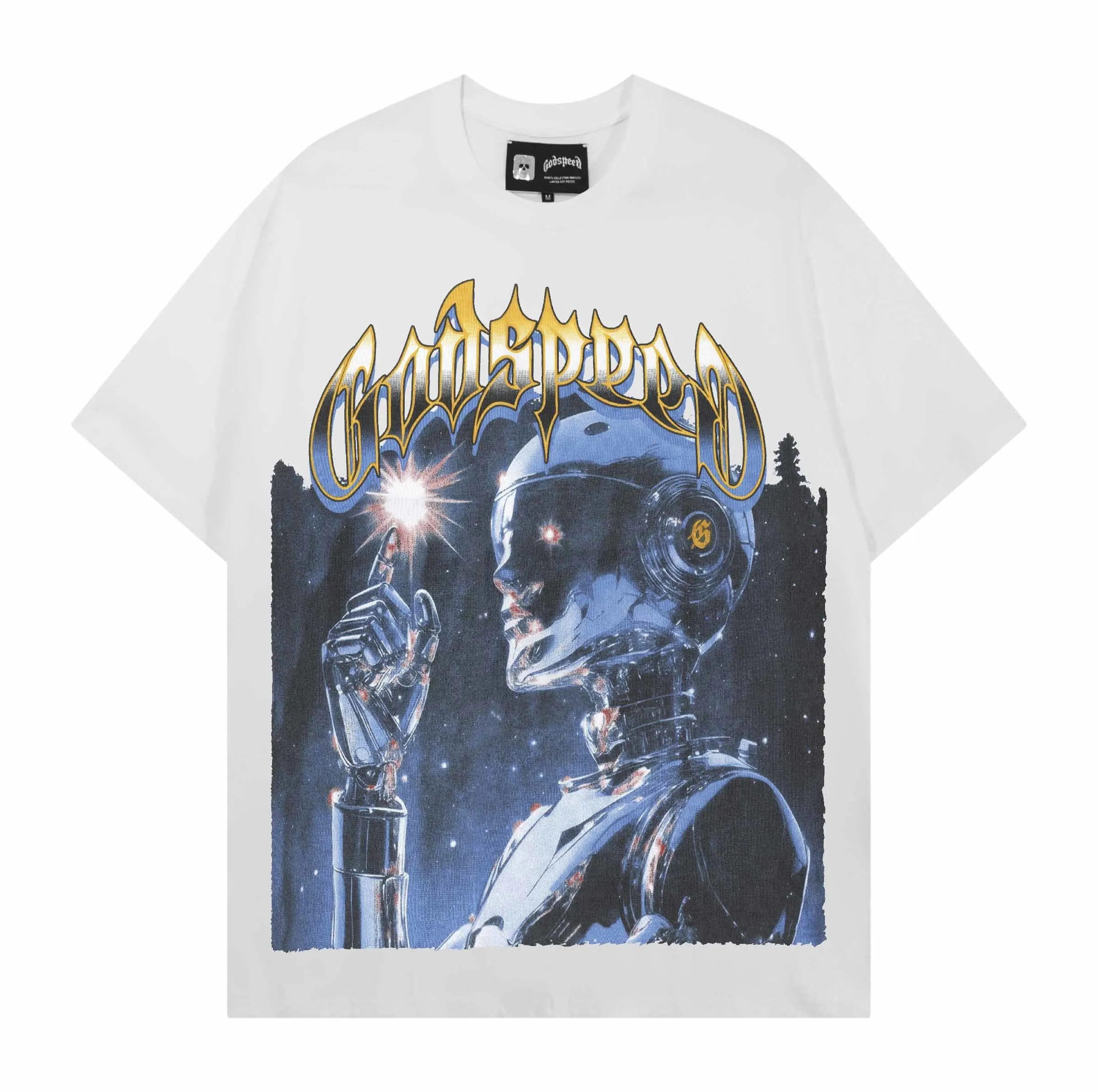 Heavyweight Godspeed American Trendy Tech Printed Rock High Quality Loose Double Thread Pure Cotton Short Sleeve T-Shirt