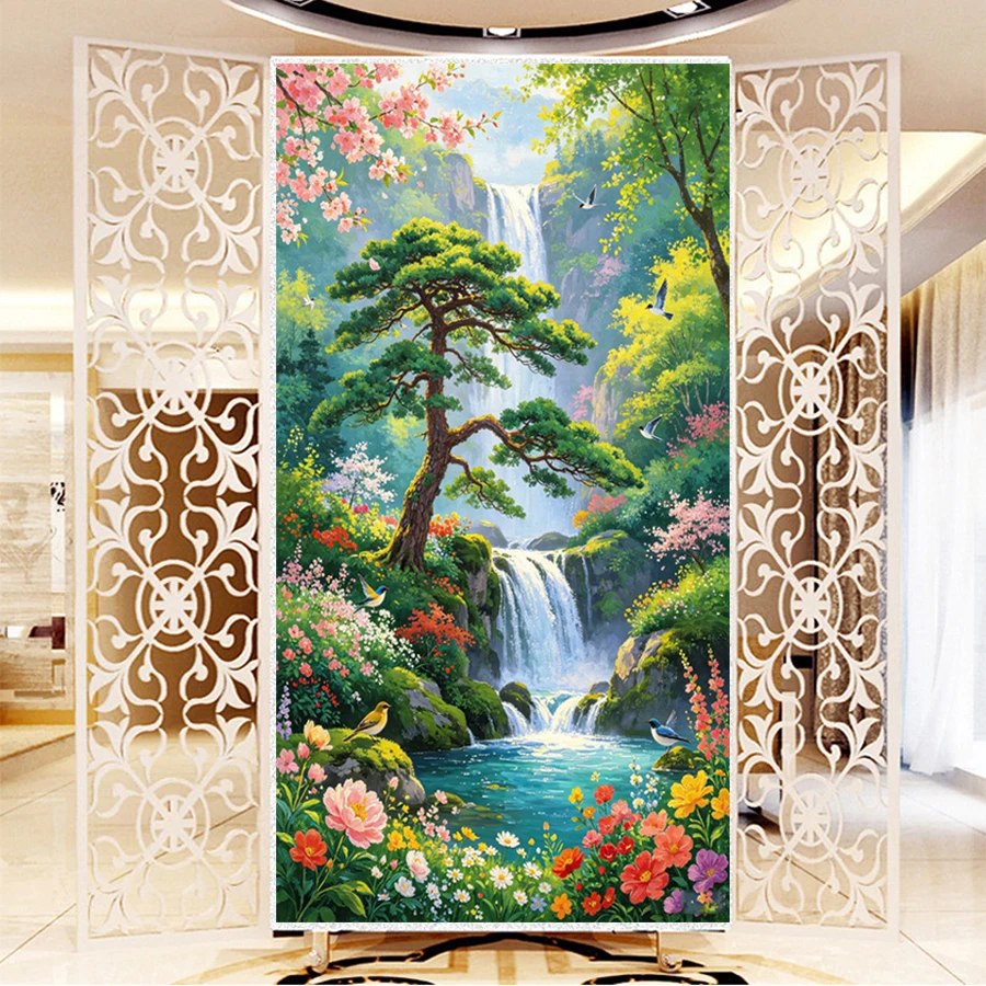 

Spring Forest Waterfall Scenery diamond painting flower tree landscape 5D DIY diamond embroidery mosaic big size Entrance decor