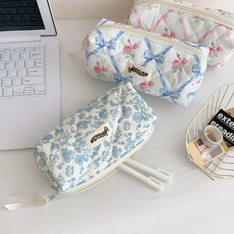 1PC Ins simple Bow Pencil Case For Student Cotton Stationary Storage Bag Writting Pen Case Makeup Pouch