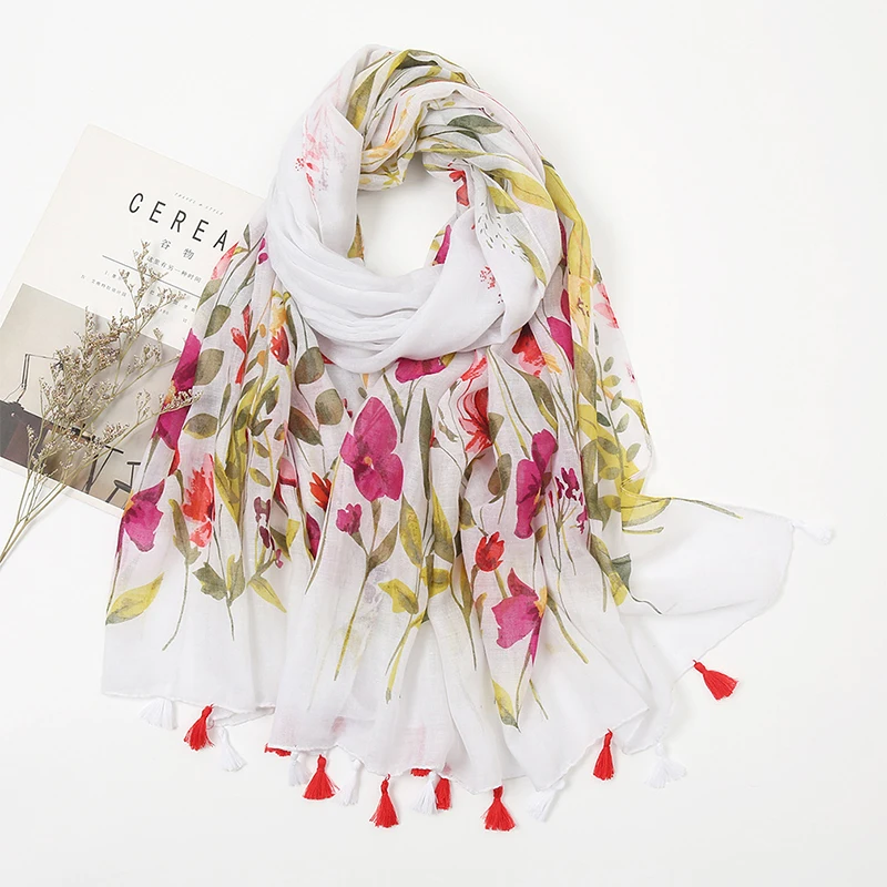 

Womens Cotton Linen Tassels Scarf Female Wrap Shawls Lady Retro Soft Floral Tassel Scarves