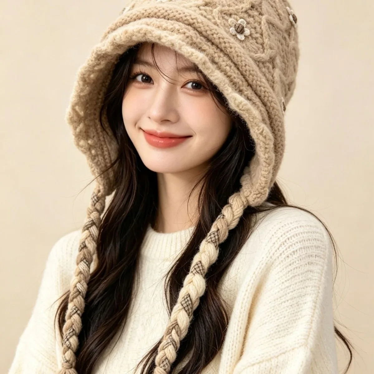 Y2k Autumn And Winter New Knitted Heap Hat Women's Flower Jacquard Wool Hat All-Match Ear Protection Pearl Decoration Warm Cold