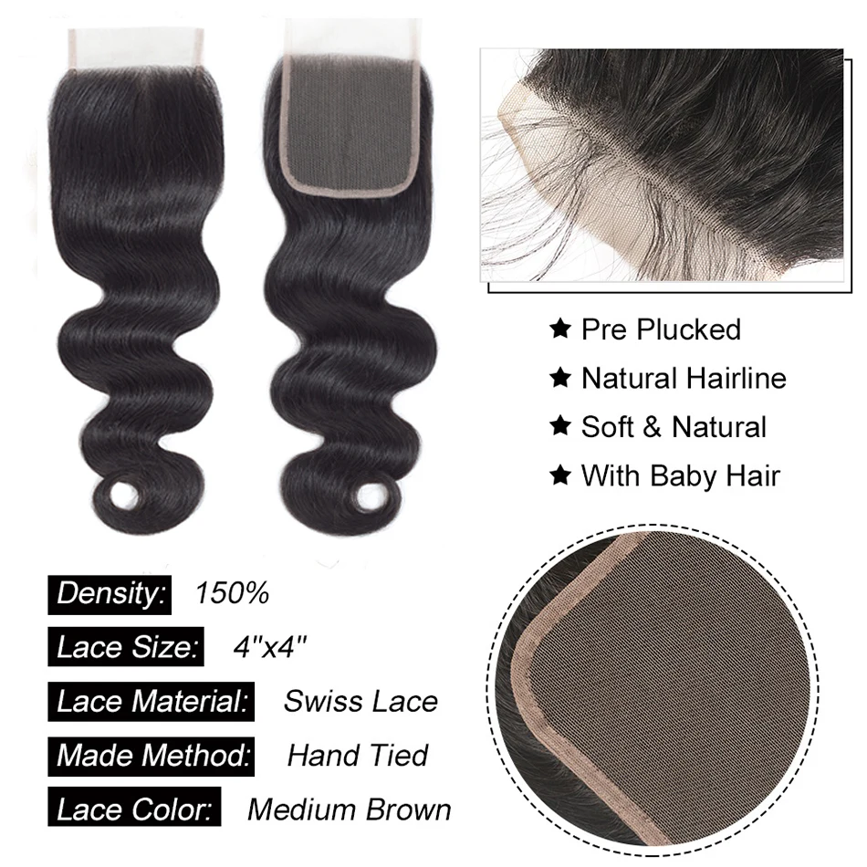 100% Maleisische Body Wave Bundels Met Sluiting Natuurlijke Human Hair Extensions Groothandel Wave Haar Menselijke Kant Hd Vetersluiting 4x4