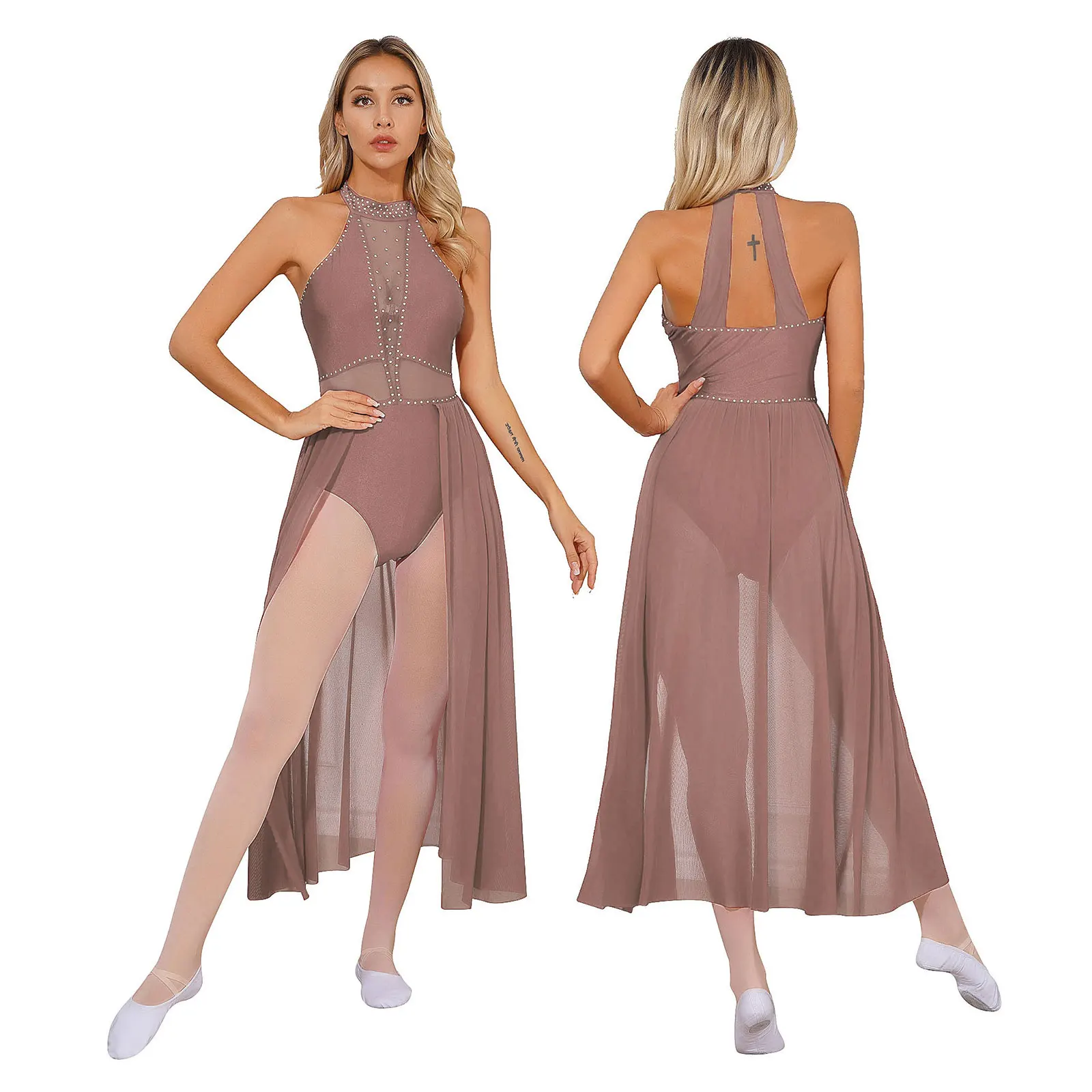 Vestido de baile lírico para mujer, leotardo de malla transparente con diamantes de imitación brillantes, traje de rendimiento de patinaje artístico, Ropa de baile moderna y contemporánea