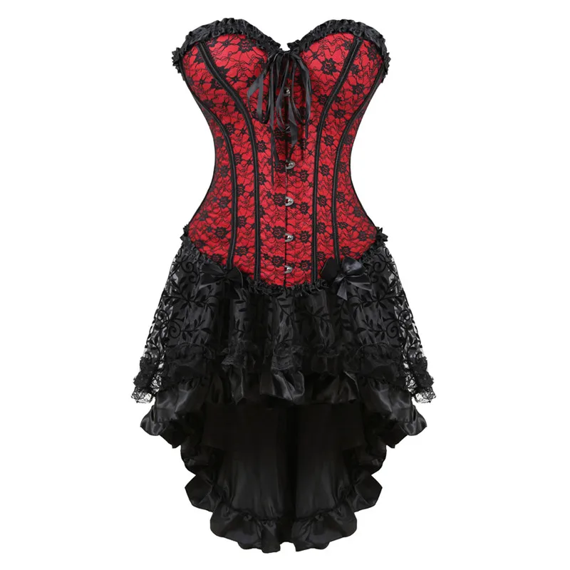 Corset Dress with Skirt High Low Set Lingerie Push up Sexy Flower Print Vintage Halloween Costumes Plus Size Red Gothic Clothes