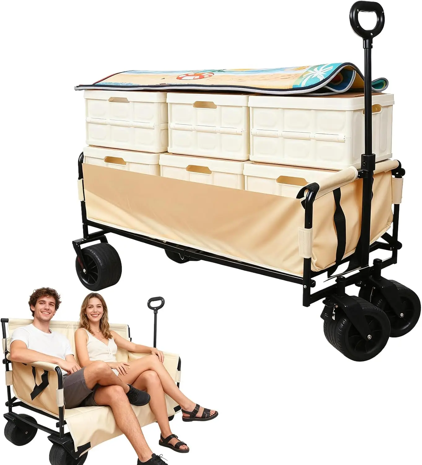 

Collapsible Folding Wagon, Foldable Beach Wagon Cart with 300L Storage Collapsible 330LBS Folding Cart Adjustable Handle, Outdoo