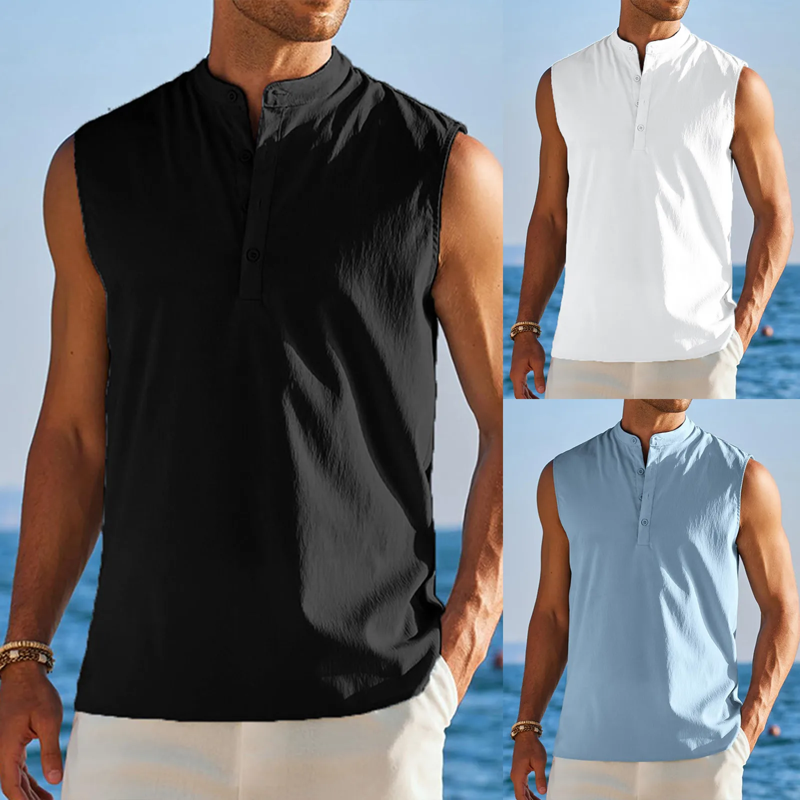 Colete esportivo sem mangas dos homens semi-aberto com botões, camisa de assentamento sólido, tops casuais ao ar livre, todo o jogo, novo