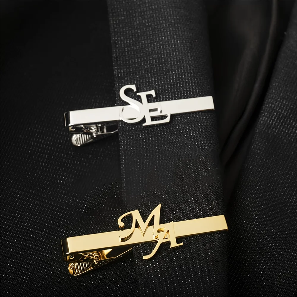 Custom Double Letter Tie Clip Classic Elegant Men's Personalized Stainless Steel Jewelry Initial Tie-Clasp Groom Wedding Gift