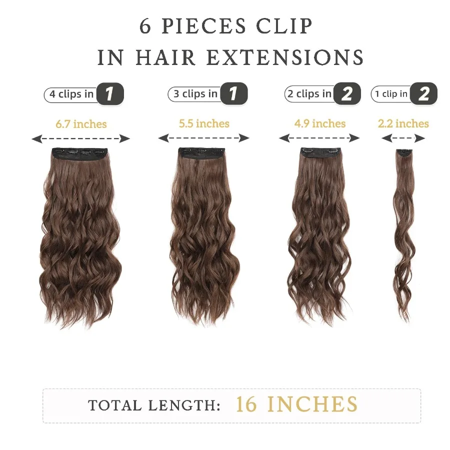 وصلات شعر كليبين للنساء كستنائي بني طويل متموج وصلات شعر 6 قطعة 16 بوصة شعر صناعي ناعم وطبيعي سميك Pi #2