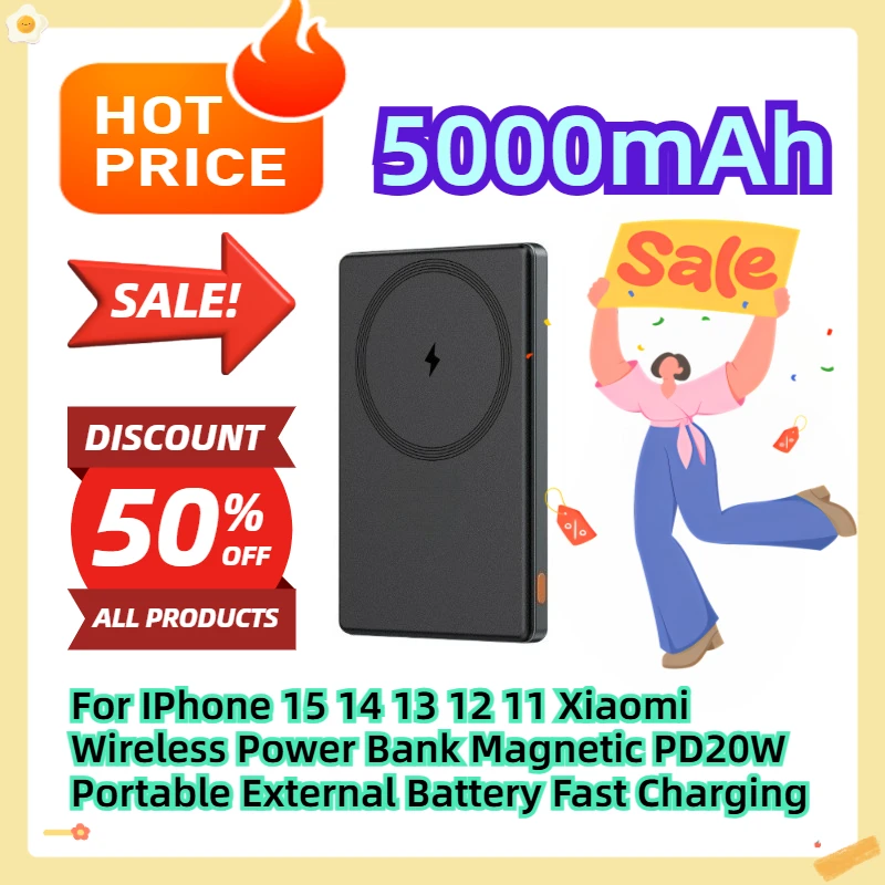 

5000mAh For IPhone 15 14 13 12 11 Xiaomi Wireless Power Bank Magnetic PD20W Portable External Battery Fast Charging