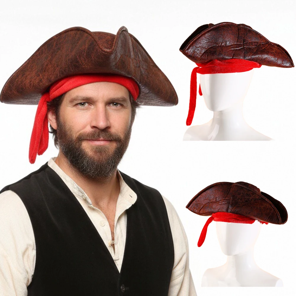 หมวกโจรสลัดคาวบอย หมวกกัปตันโจรสลัด อุปกรณ์สวมบทบาท หนังเทียม หมวกทรงสามเหลี่ยมวินเทจ ของตกแต่งศีรษะ สำหรับฮาโลวีน งานรื่นเริง เครื่องประดับศีรษะผู้ชาย