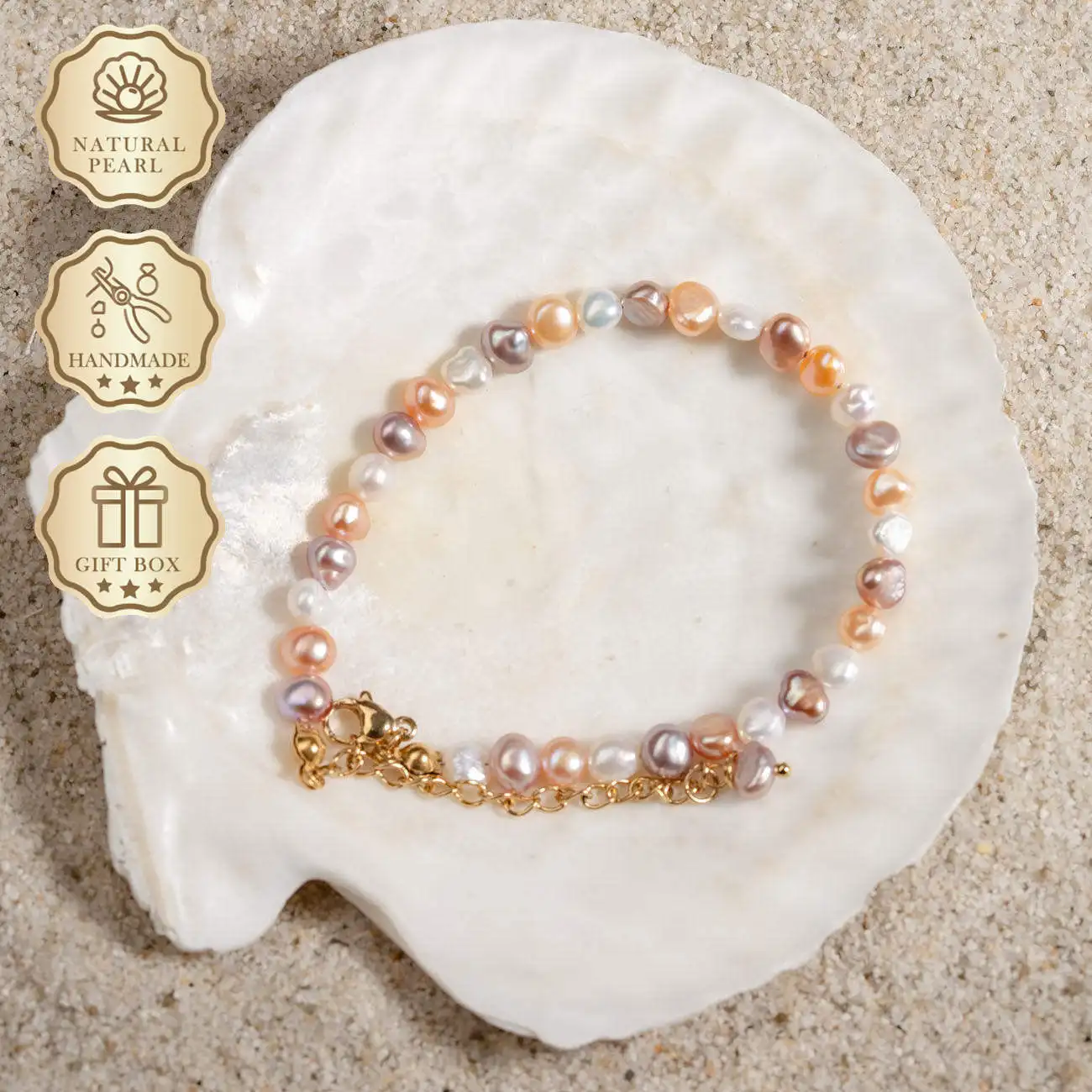 

MYSOYA Pink-Purple Candy Baroque Freshwater Pearl Bracelet 3–4mm with Gold Extender Chain, Gift Box, Birthday/Anniversary Gift