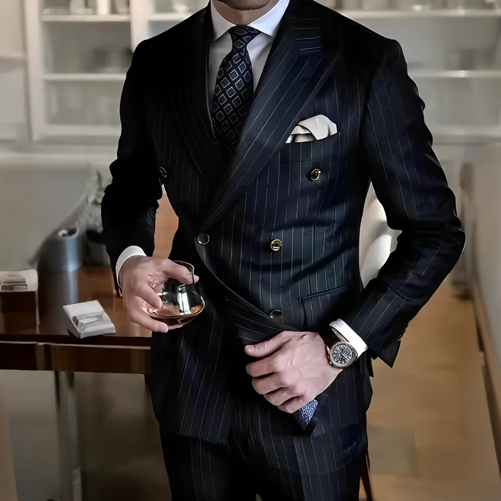 

Black Stripe Men Suit Double Breasted Blazer Latest Coat Pant Designs Slim Fit 2 Piece Tuxedo Custom Groom Prom Suits Ternos