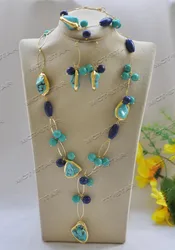 Z12654 Set 25mm Green Baroque Turquoise Blue Lapis Lazuli Chain Necklace Bracelet Earring