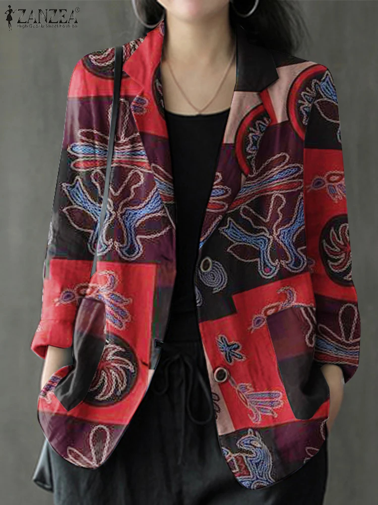 

Retro Women Autumn Coats Thin Blazer ZANZEA Vintage Lapel Neck Long Sleeve Printed Outwears Casual Loose Cotton Shirt Streetwear