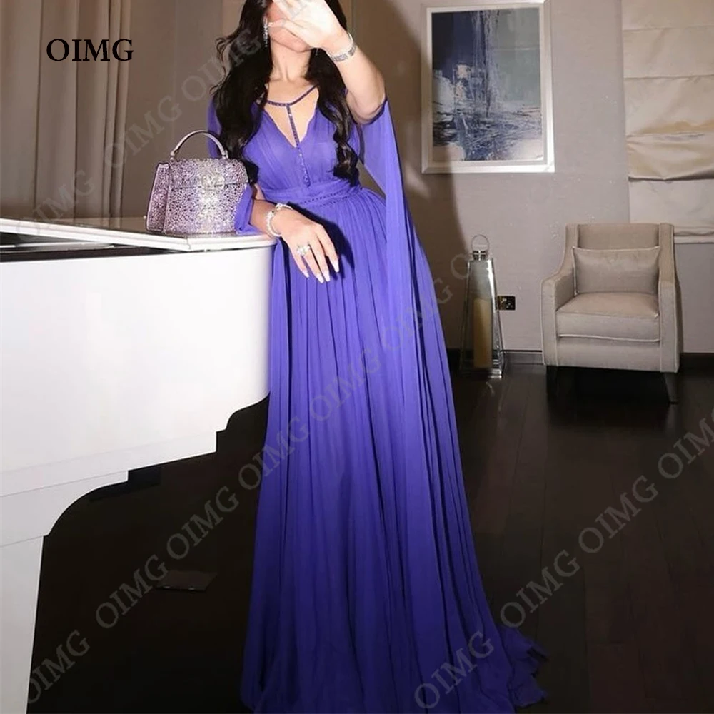 OIMG Chiffon V Neck Evening Dress A Line 2024 Prom Dress Luxury Long Custom Prom Gown Formal Saudi Arabric Dubai Floor Length