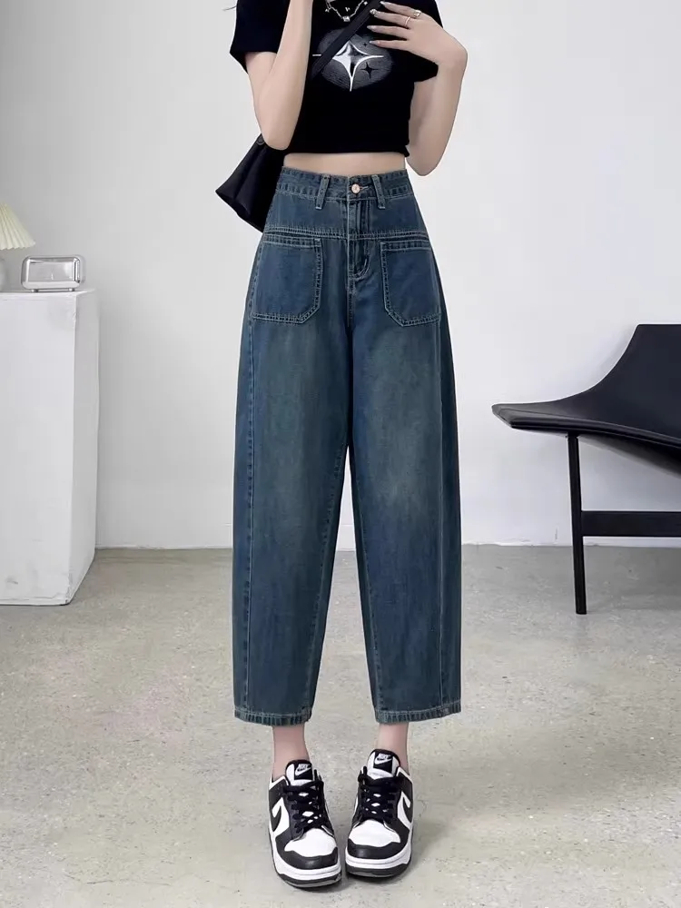 Casual Women's Summer Jeans Vintage Blue Thin Loose High Waist Harun Denim Trouser Korean Female Girl Student Cropped Pants