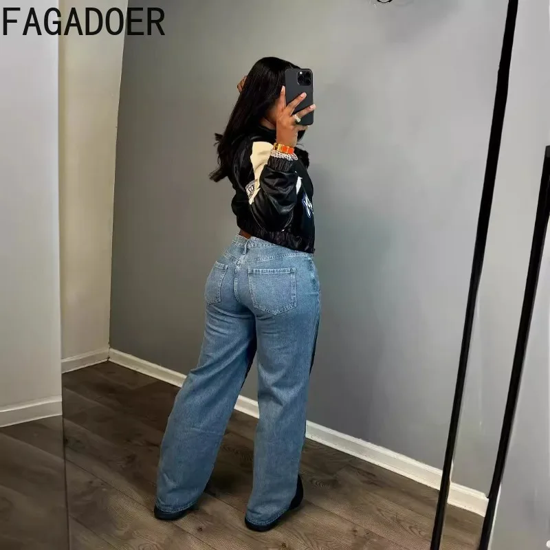 FAGADOER Retro Fashion Gradient Denim Pants Woman Summer High Waist Loose Straight Tube Jeans Female Streetwear Bottoms 2025 New