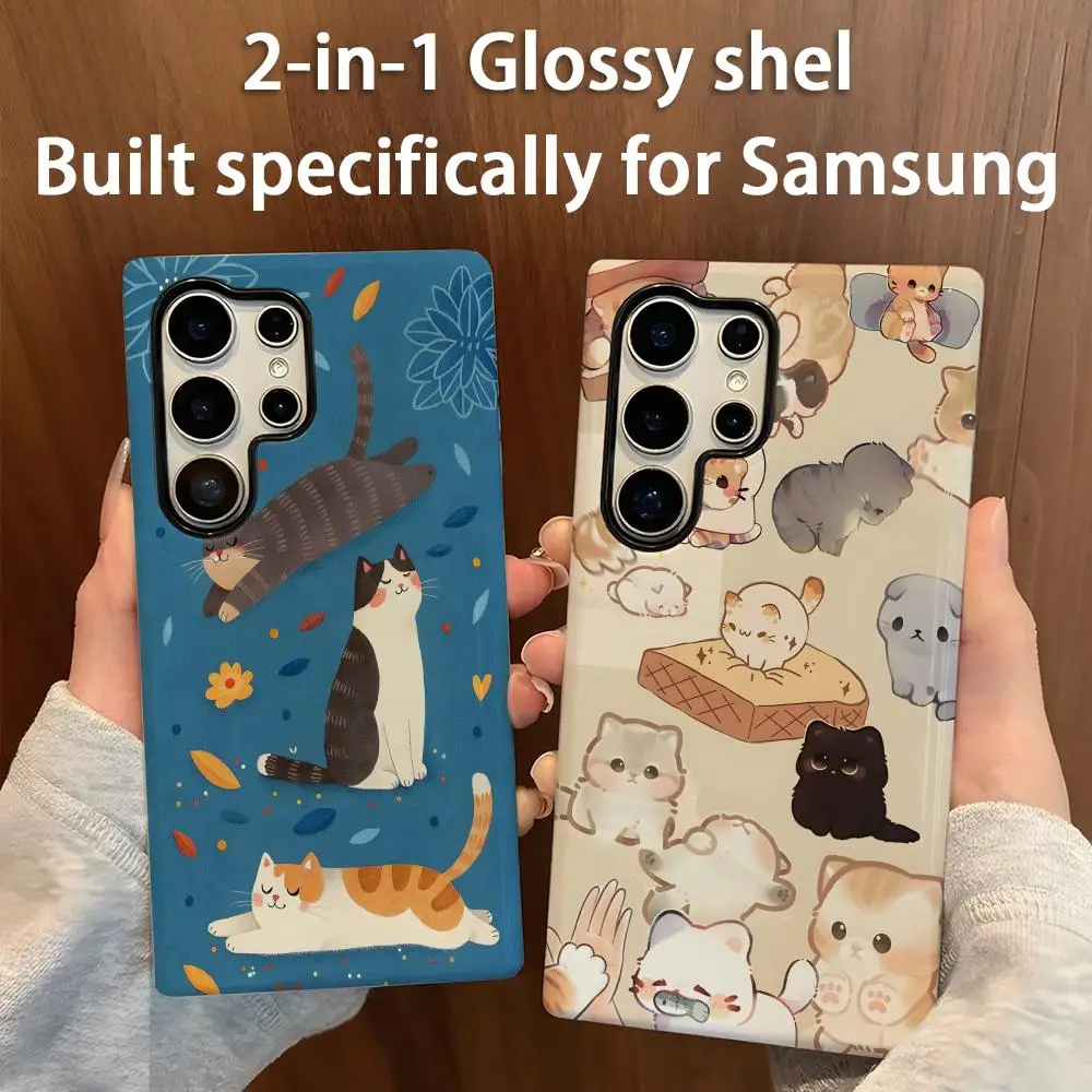 Чехол для телефона с милым котом 2-в-1 глянцевый корпус для Samsung Galaxy S25 S24 S23 S22 S21 Plus Ultra