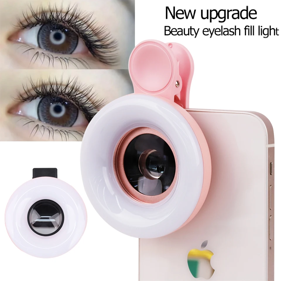 

2 in 1 HD Macro Lens Phone Camera Lens Clip With LED Ring Flash Light Lamp Fill Light For Eyelash Nail Makup Tools