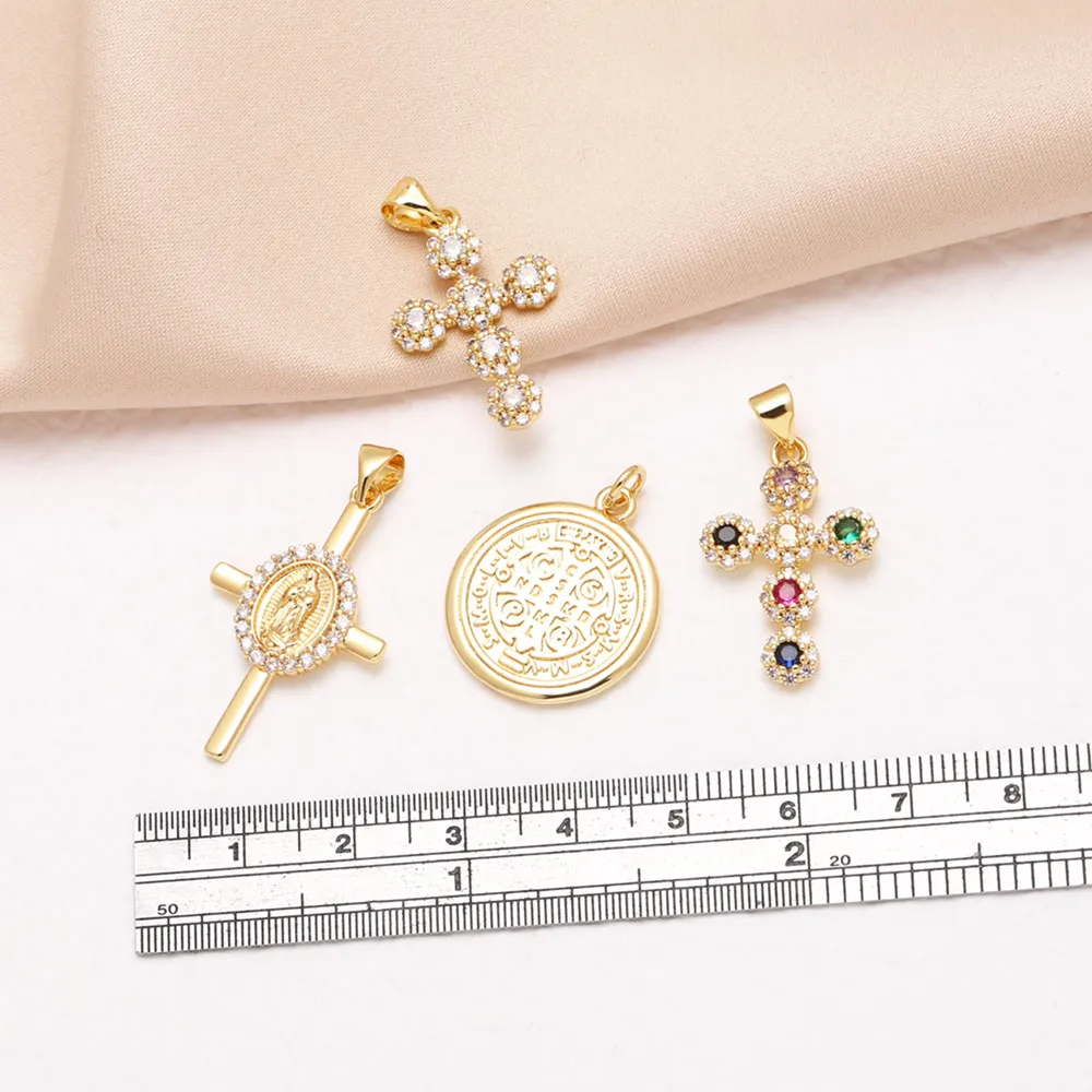 OCESRIO White Crystal Virgin Mary Big Cross Pendant for Necklace Copper Gold Plated Purse Charm Jewelry Making Supplies pdta861