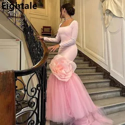 Eightale 2024 Pink Mermaid Saudi Flowers Evening Dress For Wedding Party Long Sleeve Prom Dress Dubai Party Gown Customized