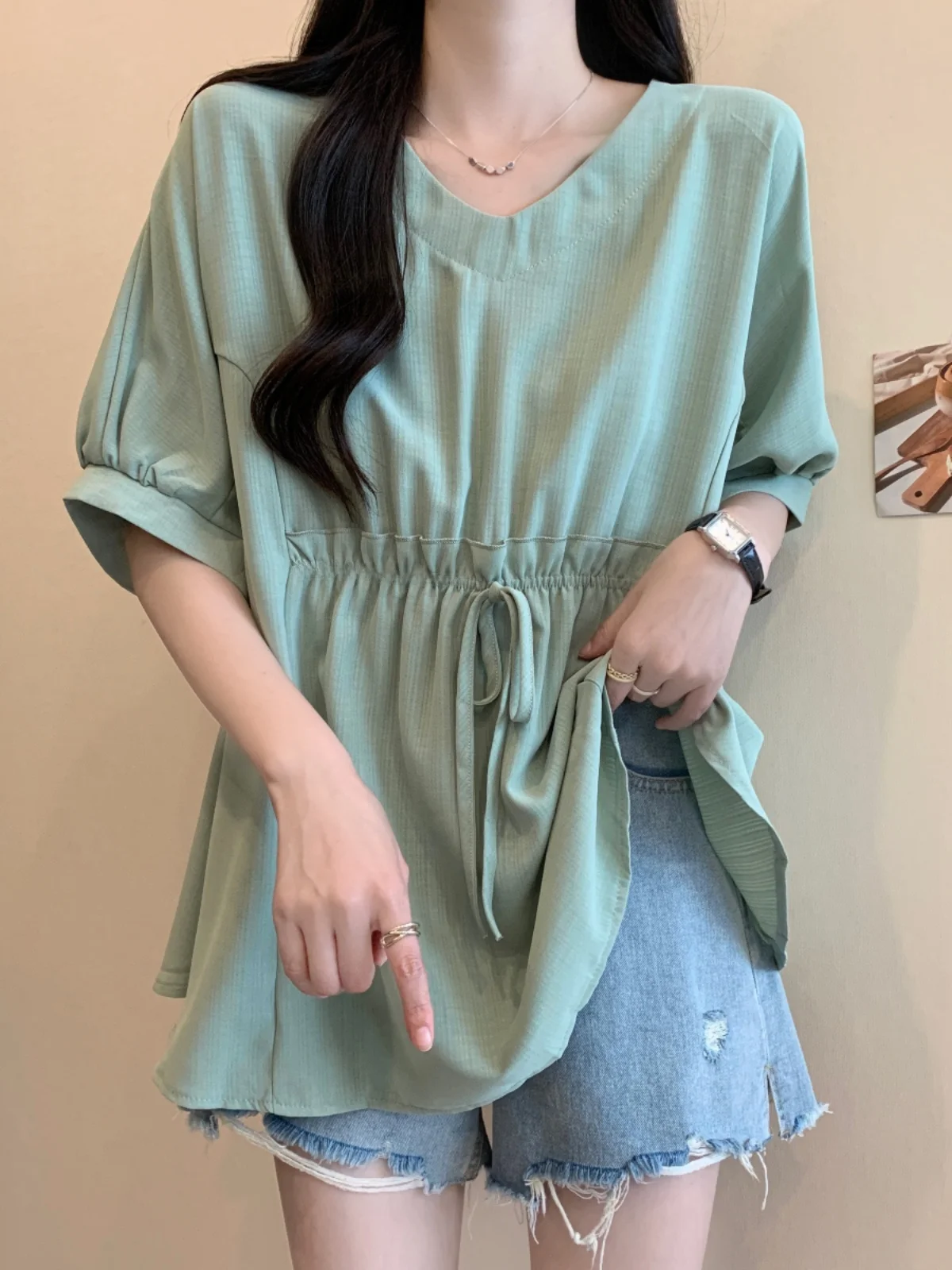 Loose Women's Short Sleeve Chiffon Top Drawstring Belly Covering Summer plus Size Slimming Design Anti-Aging Waist-Cinching S...