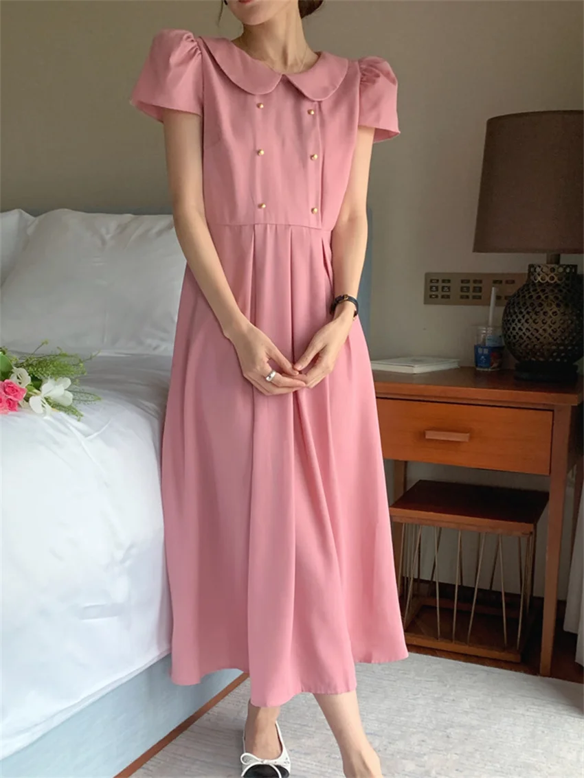 Alien Kitty Pink Slim Elegant Long Dress Women Peter Pan Collar Summer 2024 Short Sleeve Office Lady Work Wear New Gentle Daily