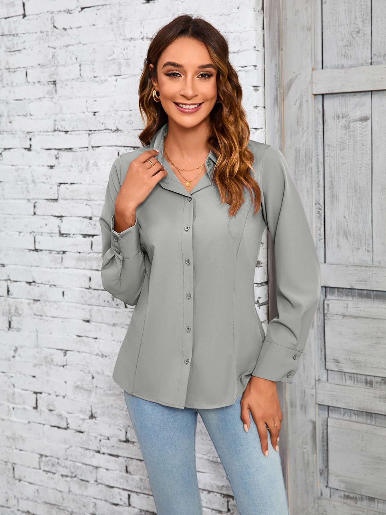 

Autumn new style poplin slim button shirt versatile solid color lapel slim fit top for women