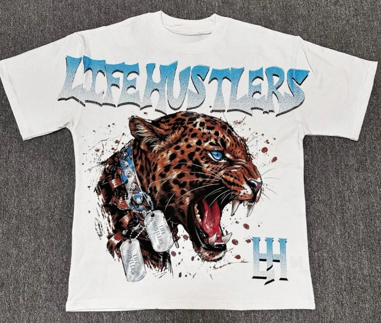 2026 Grunge Bold Style Oversized Tshirt Leopard Portrait With Splatter Paint Detail, Breathable Black Pure Cotton Casual Top