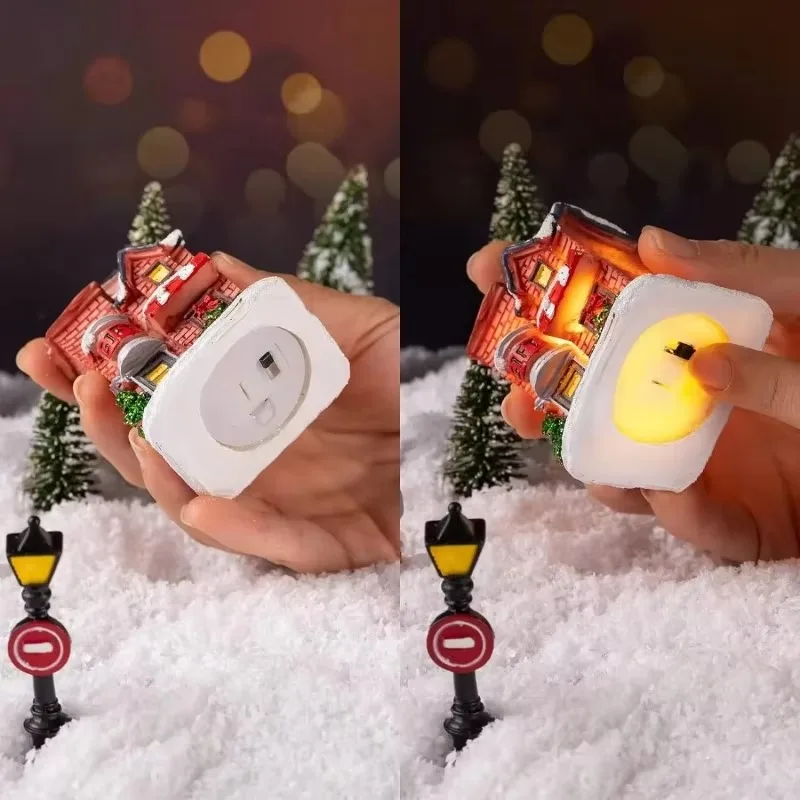 Muñeco de nieve, Papá Noel, adorno de luz LED, decoración de Año Nuevo para el hogar y el dormitorio, casa de resina con micropaisaje, casa de nieve brillante de Navidad