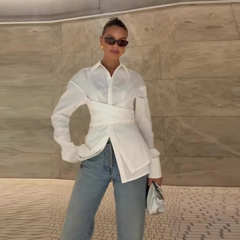 화이트 여성 불규칙 셔츠 옷깃 허리 Cinching 풀 슬리브 티셔츠 봄 가을 통근자 Office Lady Top Korean Style