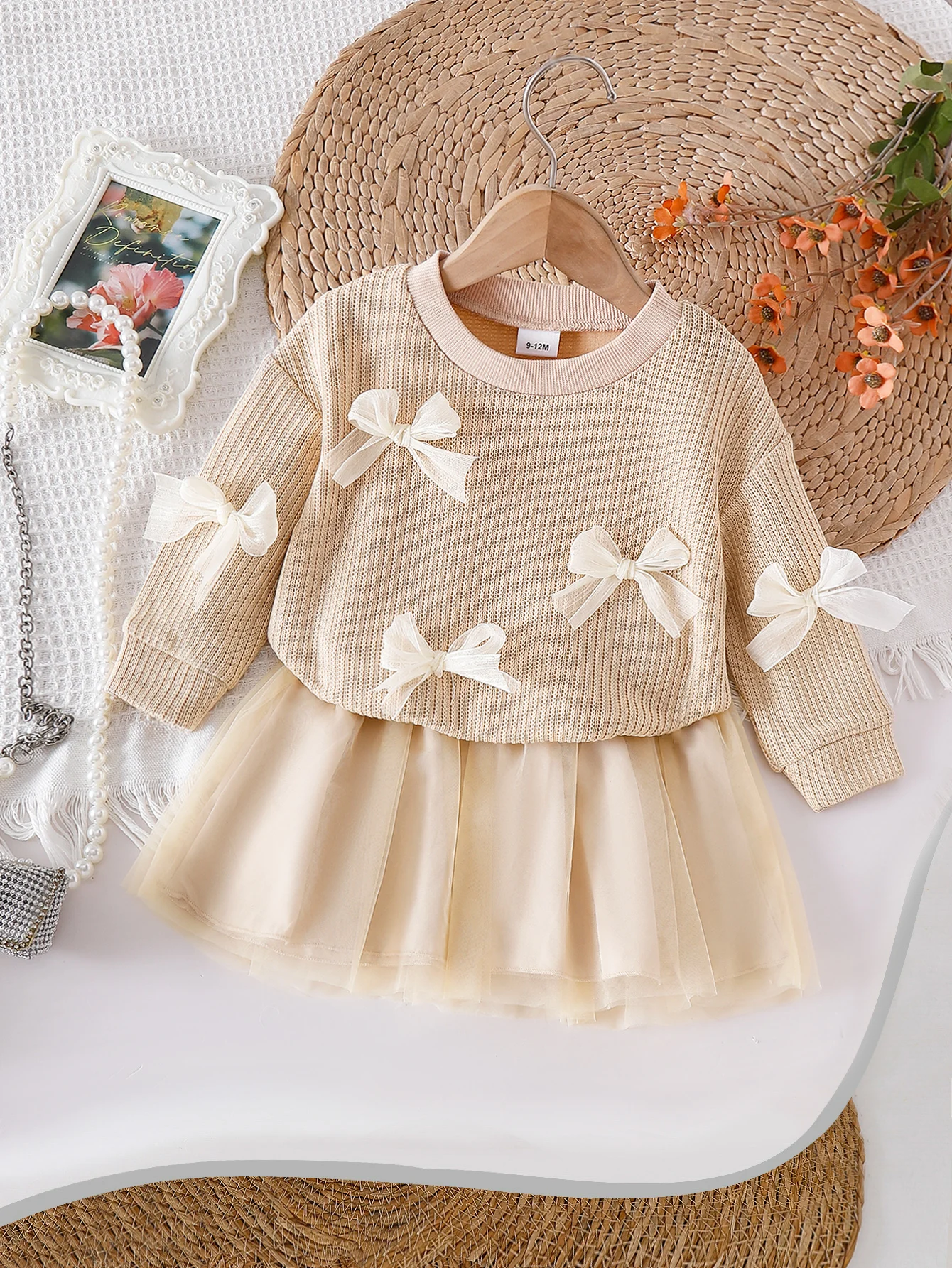 Baby girl sweet suit round collar bow knit top with fluffy gauze skirt two sets of girls daily princess outfit