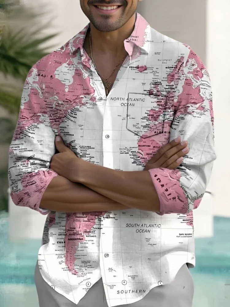 Männer Welt 3D Druck Tasche Langarm Hemd Urlaub Herbst Revers Kragen Büro Männlich Tops Mode 2025, Pendeln Tuniken Kleidung