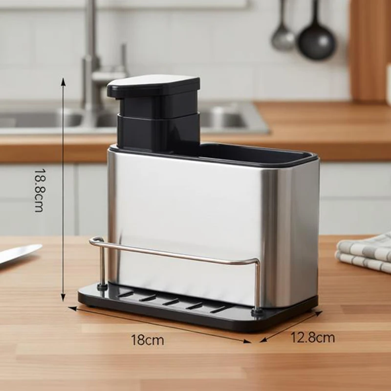 

Stainless Steel Kitchen Cleaning Organizer Detergent Dispenser & Sponge Holder Easy To Clean Compact Size Fits The Sink 3-In-1