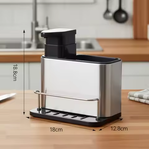 Stainless Steel Kitchen Cleaning Organizer Detergent Dispenser &amp; Sponge Holder Easy To Clean Compact Size Fits The Sink 3-In-1