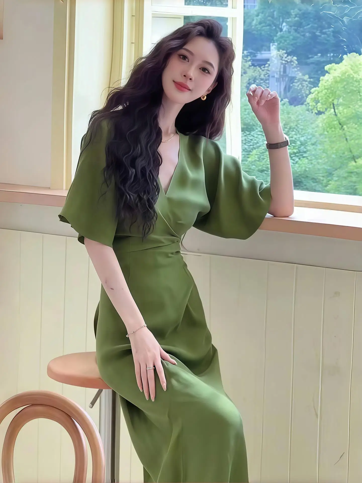 

Green V-neck Long Dress Women's Elegant Slimming Waist Design Summer New Style City Commute Suitable Short Sleeve Zipper Dress