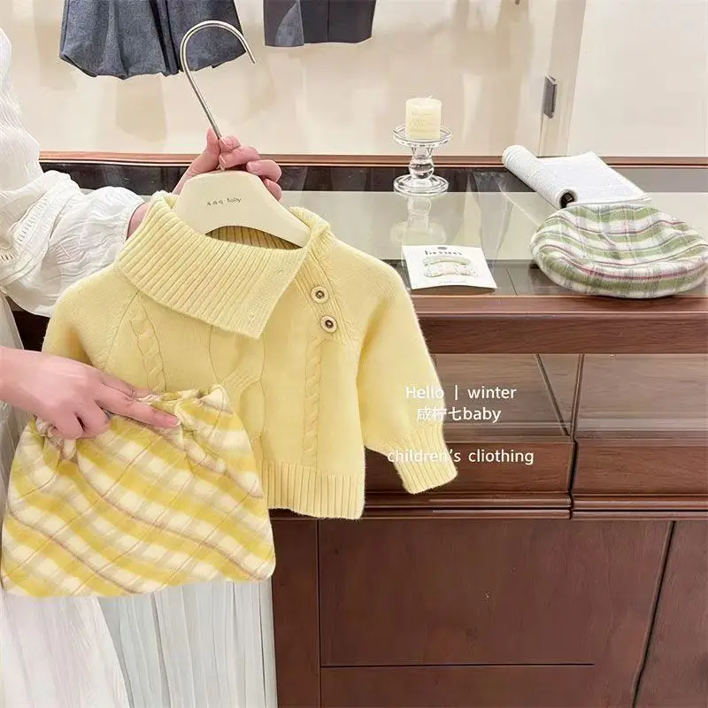 Girls' Set Spring and Autumn New Children's Milk Yellow Collar Knitted Sweater+Half Skirt Two Piece Set Kids Outfits