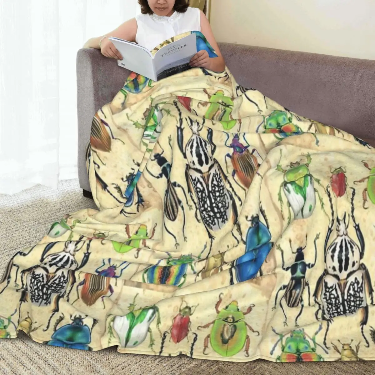 Throw Blanket Vintage Style Beetle Illustration Micro Fleece Blanket Four Sizes Trendy Portable For Sofa AntiPilling Blanket