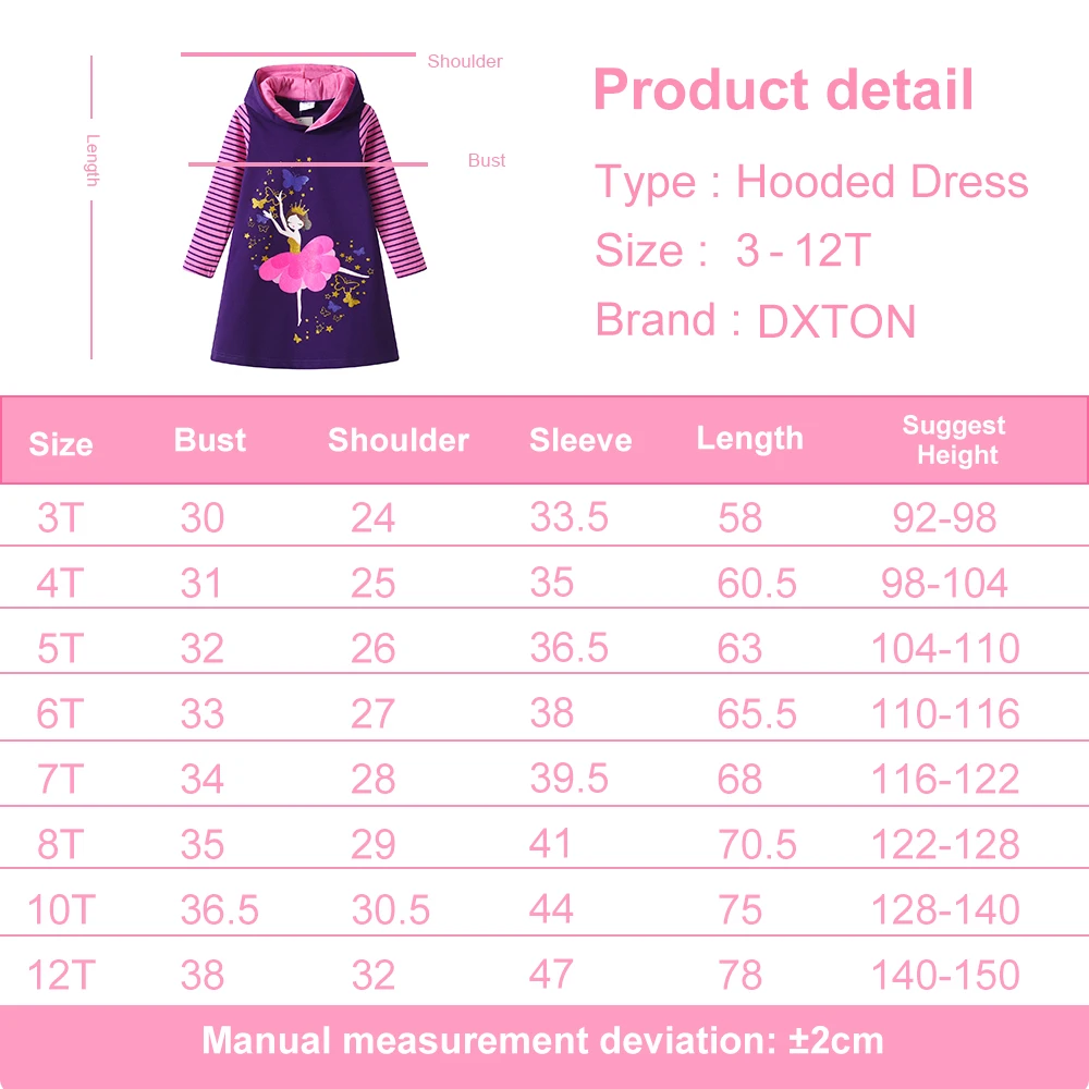 DXTON Toddler Winter Hoodies Dress For Girls Pattern Printed Cotton Children Casual Dress Striped Sleeve Hooded Princess Dresses